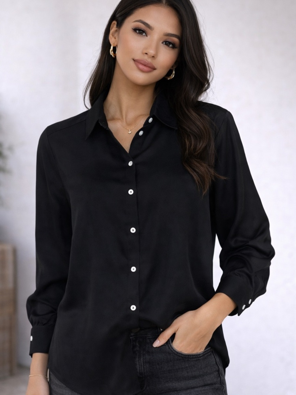 ZARA Black Button Up Blouse Collared Sheer Lightweight Top